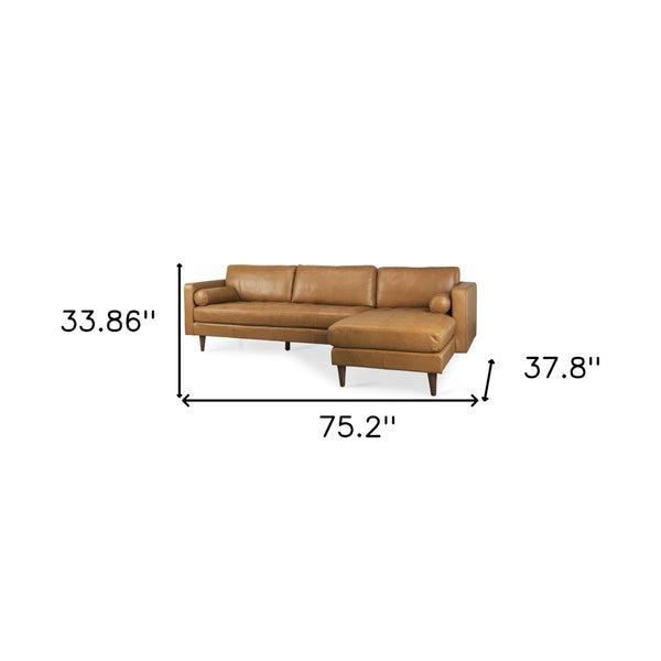 HomeRoots Tan Genuine Leather L-Shaped Sectional Sofa with Chaise & Bolster Pillows for Modern Living Rooms 607315