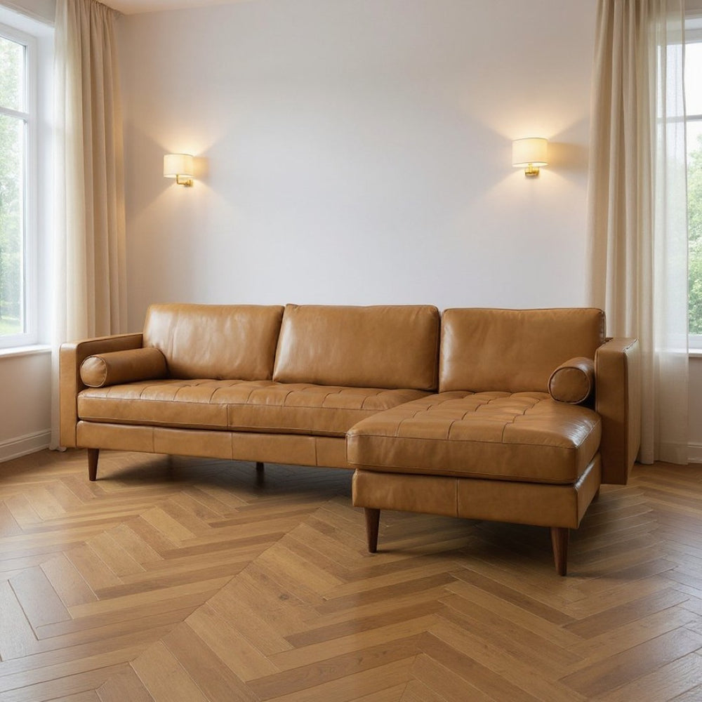 HomeRoots Tan Genuine Leather L-Shaped Sectional Sofa with Chaise & Bolster Pillows for Modern Living Rooms 607315