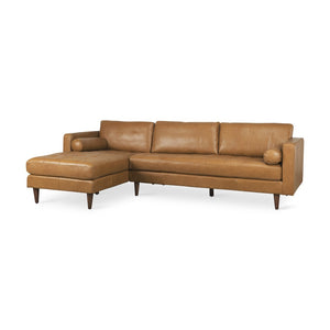HomeRoots Tan Genuine Leather L-Shaped Sectional Sofa with Chaise & Toss Pillows - Chic Comfort & Style 607316