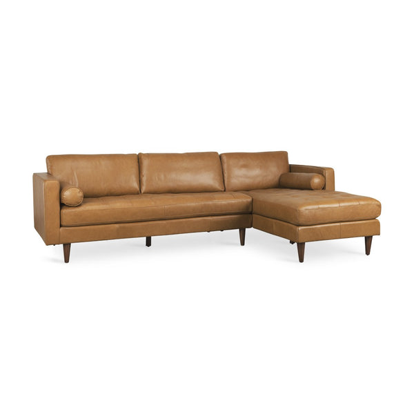 HomeRoots Tan Genuine Leather L-Shaped Sectional Sofa with Chaise & Toss Pillows - Chic Comfort & Style 607316