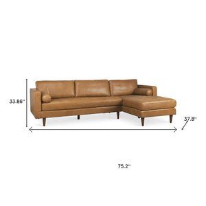 HomeRoots Tan Genuine Leather L-Shaped Sectional Sofa with Chaise & Toss Pillows - Chic Comfort & Style 607316