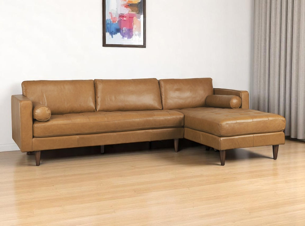 HomeRoots Tan Genuine Leather L-Shaped Sectional Sofa with Chaise & Toss Pillows - Chic Comfort & Style 607316