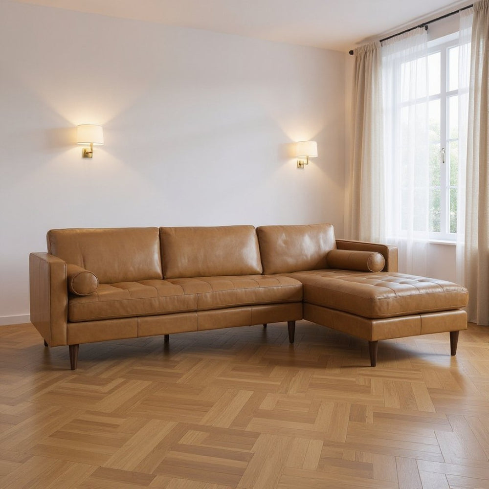 HomeRoots Tan Genuine Leather L-Shaped Sectional Sofa with Chaise & Toss Pillows - Chic Comfort & Style 607316