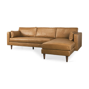 HomeRoots Tan Genuine Leather L-Shaped Sectional Sofa with Chaise, Pillows & Modern Rustic Charm – 111" W 607317