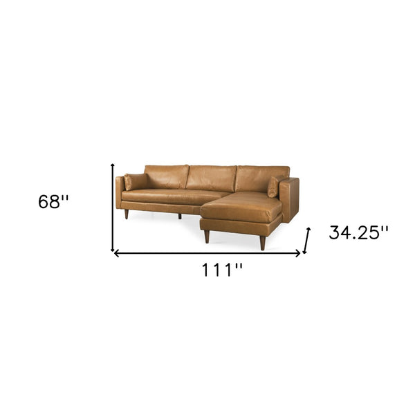 HomeRoots Tan Genuine Leather L-Shaped Sectional Sofa with Chaise, Pillows & Modern Rustic Charm – 111" W 607317