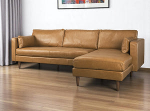 HomeRoots Tan Genuine Leather L-Shaped Sectional Sofa with Chaise, Pillows & Modern Rustic Charm – 111" W 607317