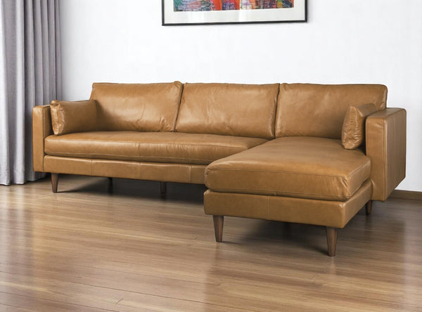 HomeRoots Tan Genuine Leather L-Shaped Sectional Sofa with Chaise, Pillows & Modern Rustic Charm – 111" W 607317