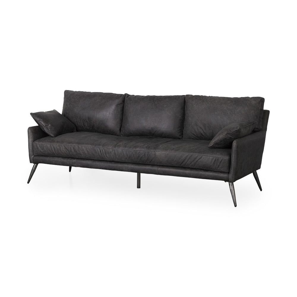 HomeRoots 82" Black Leather Sofa - Contemporary Comfort with Toss Pillows & Stylish Gray Metal Legs for Any Space 607324