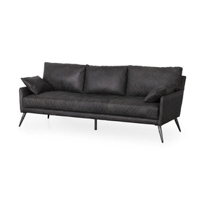 HomeRoots 82" Black Leather Sofa - Contemporary Comfort with Toss Pillows & Stylish Gray Metal Legs for Any Space 607324