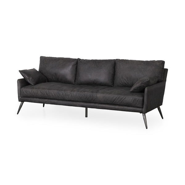 HomeRoots 82" Black Leather Sofa - Contemporary Comfort with Toss Pillows & Stylish Gray Metal Legs for Any Space 607324