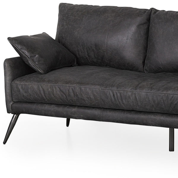 HomeRoots 82" Black Leather Sofa - Contemporary Comfort with Toss Pillows & Stylish Gray Metal Legs for Any Space 607324