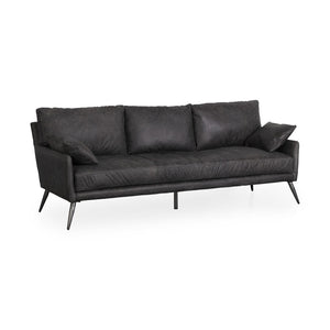 HomeRoots 82" Black Leather Sofa - Contemporary Comfort with Toss Pillows & Stylish Gray Metal Legs for Any Space 607324