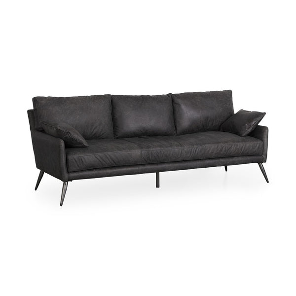 HomeRoots 82" Black Leather Sofa - Contemporary Comfort with Toss Pillows & Stylish Gray Metal Legs for Any Space 607324