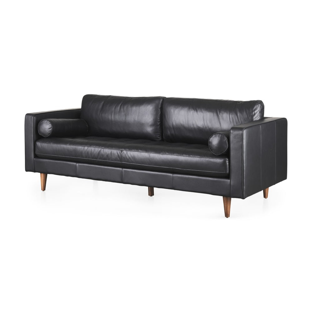 HomeRoots 88" Black Leather Sofa with Toss Pillows, Solid Wood Frame & Modern Design for Ultimate Comfort 607326