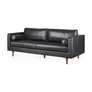 HomeRoots 88" Black Leather Sofa with Toss Pillows, Solid Wood Frame & Modern Design for Ultimate Comfort 607326