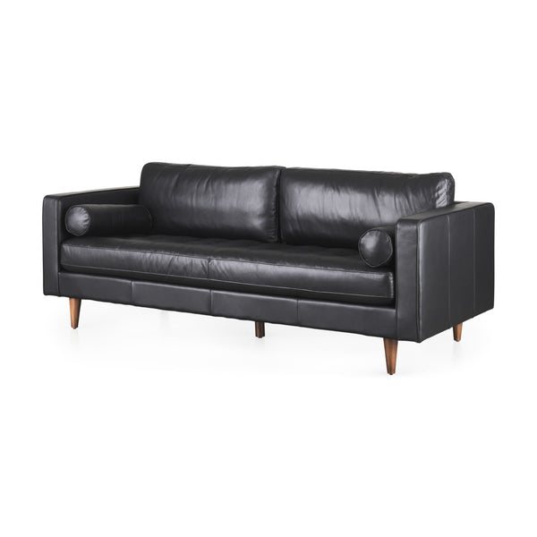 HomeRoots 88" Black Leather Sofa with Toss Pillows, Solid Wood Frame & Modern Design for Ultimate Comfort 607326
