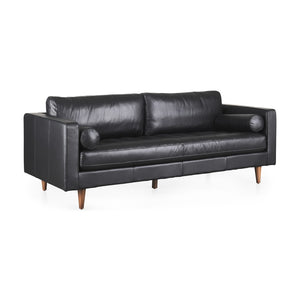 HomeRoots 88" Black Leather Sofa with Toss Pillows, Solid Wood Frame & Modern Design for Ultimate Comfort 607326