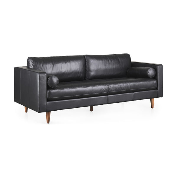 HomeRoots 88" Black Leather Sofa with Toss Pillows, Solid Wood Frame & Modern Design for Ultimate Comfort 607326