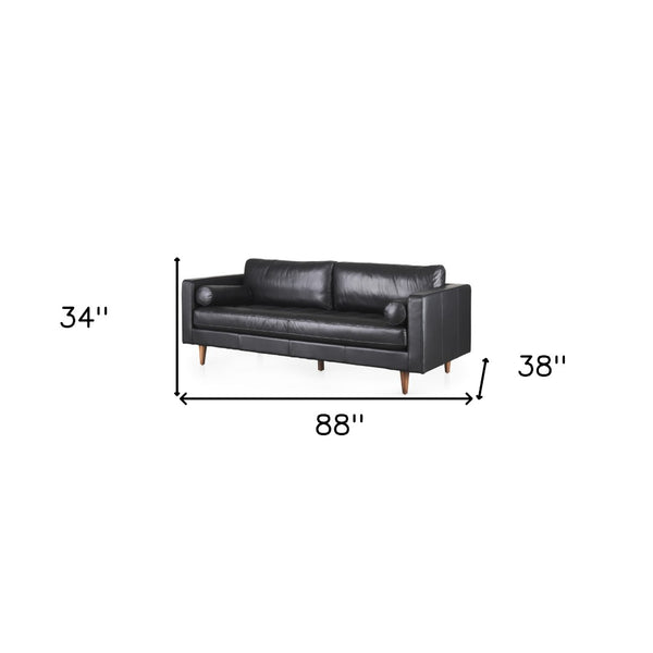 HomeRoots 88" Black Leather Sofa with Toss Pillows, Solid Wood Frame & Modern Design for Ultimate Comfort 607326