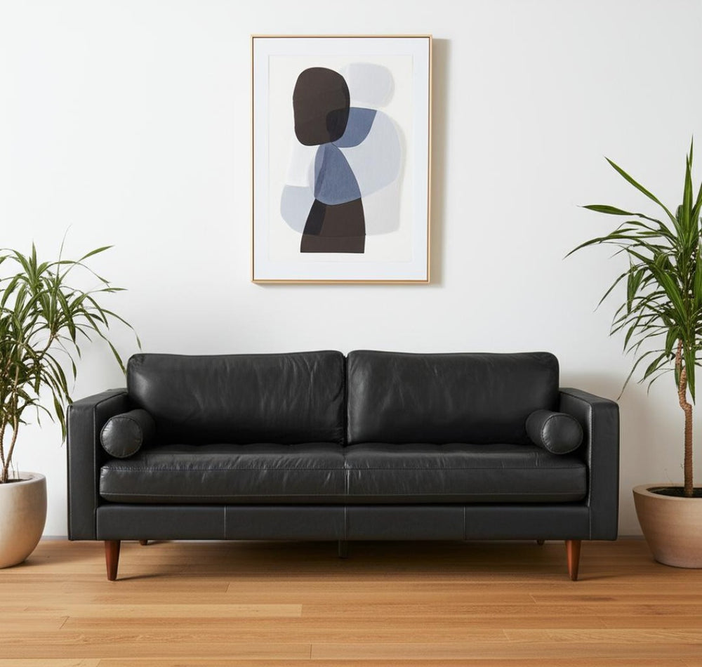 HomeRoots 88" Black Leather Sofa with Toss Pillows, Solid Wood Frame & Modern Design for Ultimate Comfort 607326