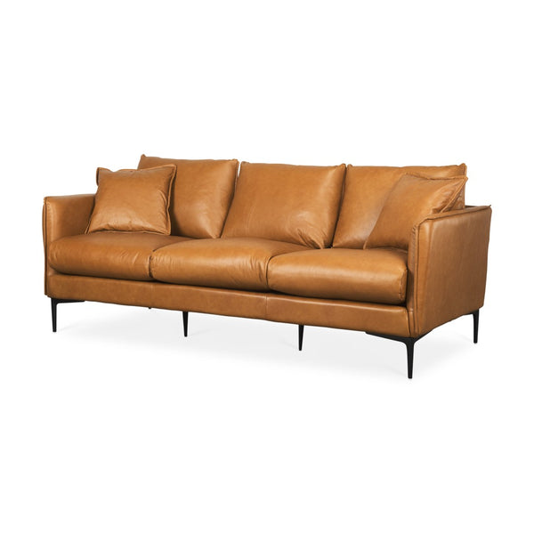 HomeRoots 86" Tan Leather Sofa with Toss Pillows, Sleek Black Metal Legs, Vintage Charm & Modern Comfort 607327