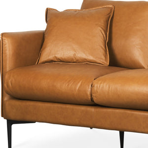 HomeRoots 86" Tan Leather Sofa with Toss Pillows, Sleek Black Metal Legs, Vintage Charm & Modern Comfort 607327