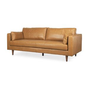 HomeRoots 88" Premium Tan Leather Sofa with Toss Pillows & Elegant Brown Legs for Modern Living Spaces 607329