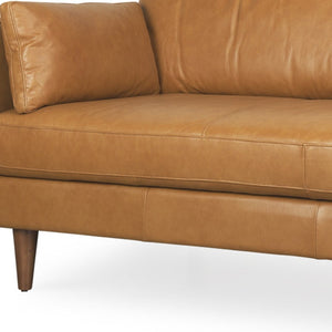 HomeRoots 88" Premium Tan Leather Sofa with Toss Pillows & Elegant Brown Legs for Modern Living Spaces 607329