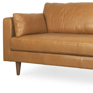 HomeRoots 88" Premium Tan Leather Sofa with Toss Pillows & Elegant Brown Legs for Modern Living Spaces 607329