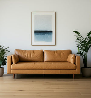 HomeRoots 88" Premium Tan Leather Sofa with Toss Pillows & Elegant Brown Legs for Modern Living Spaces 607329