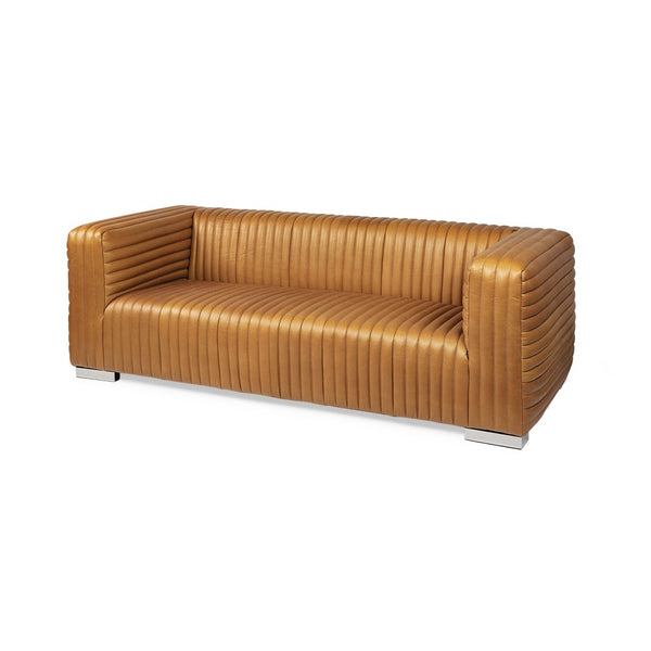 HomeRoots 83" Brown Leather Sofa - Luxurious Comfort with Solid Wood Frame, Tufted Cushions & Modern Style 607332