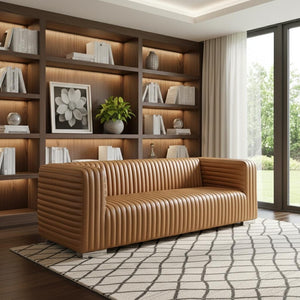 HomeRoots 83" Brown Leather Sofa - Luxurious Comfort with Solid Wood Frame, Tufted Cushions & Modern Style 607332