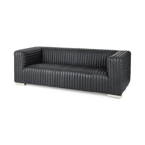 HomeRoots 83" Black Leather Sofa - Luxurious Comfort with Modern Silver Legs for Chic Living Room Style 607333