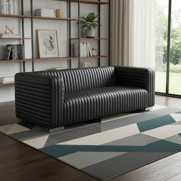 HomeRoots 83" Black Leather Sofa - Luxurious Comfort with Modern Silver Legs for Chic Living Room Style 607333