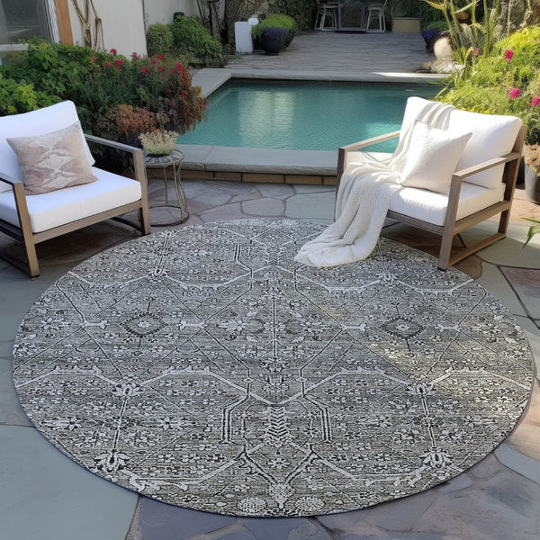 HomeRoots 5' Pewter Floral Area Rug - Stylish Washable Design for Indoor & Outdoor Spaces, Durable & Elegant 8' Round 607352