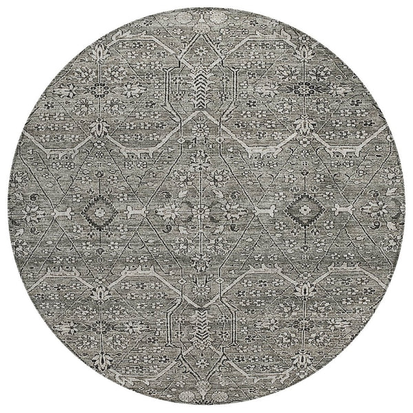 HomeRoots 5' Pewter Floral Area Rug - Stylish Washable Design for Indoor & Outdoor Spaces, Durable & Elegant 8' Round 607352