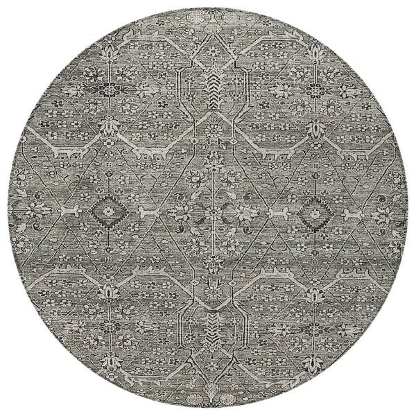 HomeRoots 5' Pewter Floral Area Rug - Stylish Washable Design for Indoor & Outdoor Spaces, Durable & Elegant 8' Round 607352