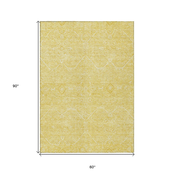 HomeRoots 5' Gold Floral Washable Area Rug – Elegant Indoor-Outdoor Design for High-Traffic Spaces and Durability 5' X 8' 607363
