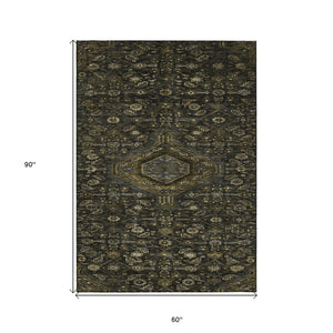 HomeRoots 5' Charcoal Medallion Indoor-Outdoor Area Rug – Durable, Washable & Stylish for Any Space 5' X 8' 607393