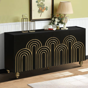 English Elm Modern Fluted Four Door Sideboard Matte Black Glam Cabinet with Gold Accent Feet W1445P256479