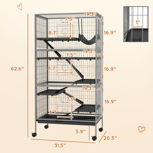 English Elm PawHut 63" 6-Tier Small Animal Habitat with Hammock, Heavy-Duty Steel Cage, Wheels & Removable Tray Gray W2225P217534