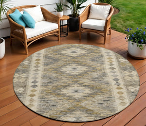 HomeRoots 5' Beige Geometric Indoor-Outdoor Area Rug - Durable, Stylish, and Machine Washable for All Spaces 8' Round 607424