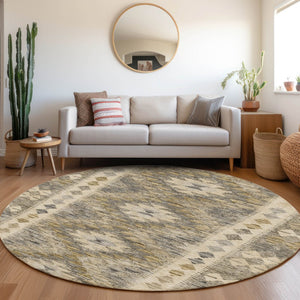 HomeRoots 5' Beige Geometric Indoor-Outdoor Area Rug - Durable, Stylish, and Machine Washable for All Spaces 8' Round 607424