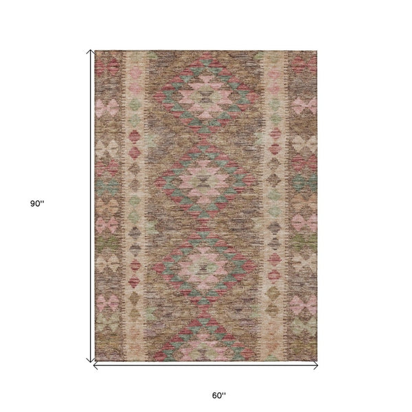 HomeRoots 5' Brown Geometric Indoor Outdoor Area Rug - Durable, Washable, Stylish Design for High-Traffic Spaces 5' X 8' 607429