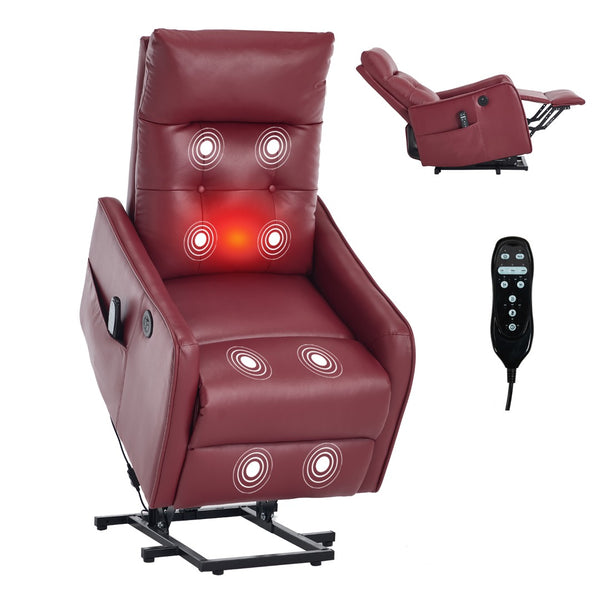 English Elm Wine Red Pu Leather Power Lift Recliner with Massage Heat and Usb Charging Port W1803P364112
