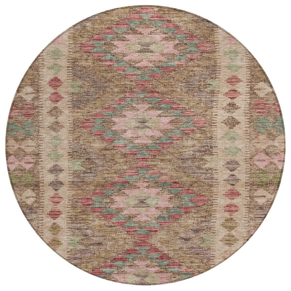 HomeRoots 5' Brown Geometric Indoor Outdoor Area Rug - Durable, Washable, Stylish Design for High-Traffic Spaces 8' Round 607430