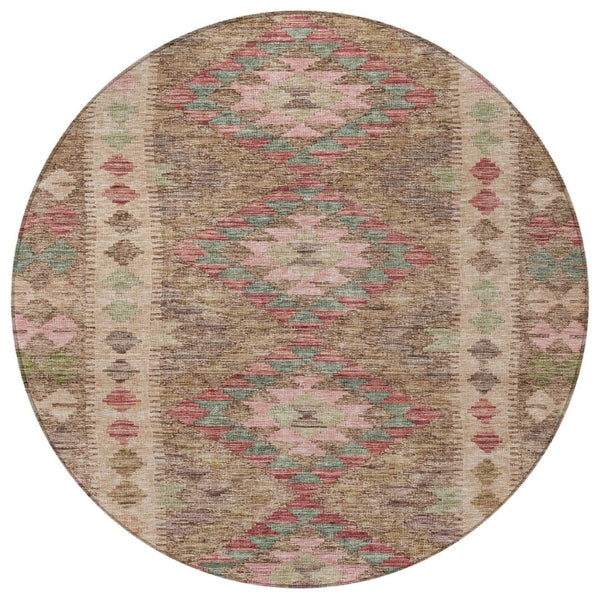 HomeRoots 5' Brown Geometric Indoor Outdoor Area Rug - Durable, Washable, Stylish Design for High-Traffic Spaces 8' Round 607430