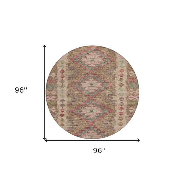 HomeRoots 5' Brown Geometric Indoor Outdoor Area Rug - Durable, Washable, Stylish Design for High-Traffic Spaces 8' Round 607430