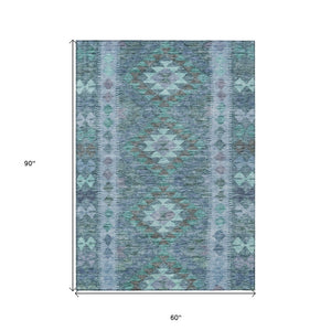HomeRoots 5' Stylish Blue Geometric Washable Area Rug for Indoor & Outdoor Use - Durable, Easy Care, Versatile Design 5' X 8' 607435