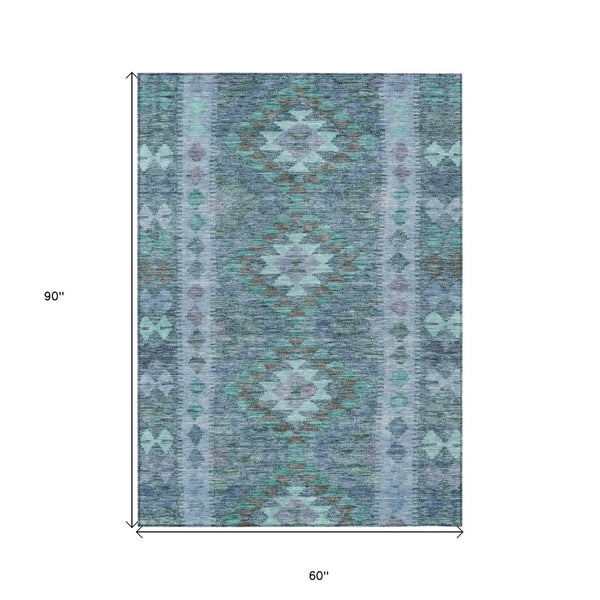 HomeRoots 5' Stylish Blue Geometric Washable Area Rug for Indoor & Outdoor Use - Durable, Easy Care, Versatile Design 5' X 8' 607435